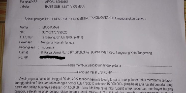 Korban Penipuan Keluhkan Penanganan Polres Metro Tangerang Kota yang Terkesan Lamban